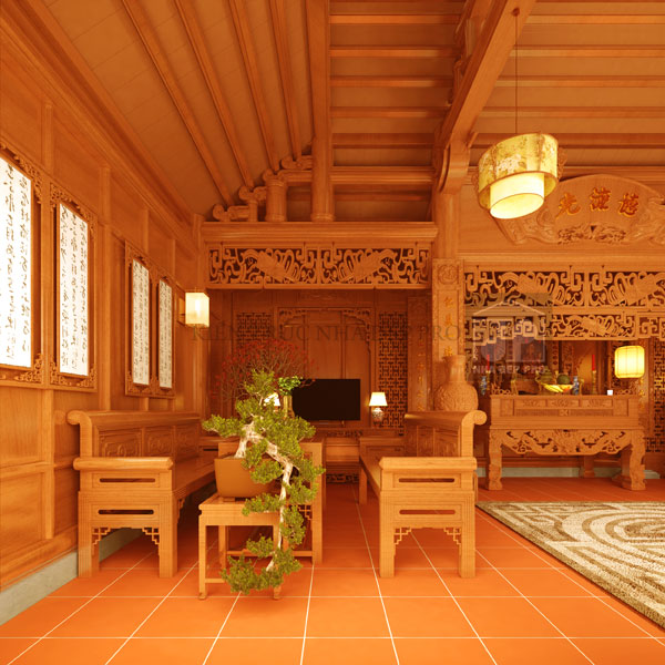 Hình ảnh: phối cảnh góc bên còn lại của nhà gỗ truyền thống